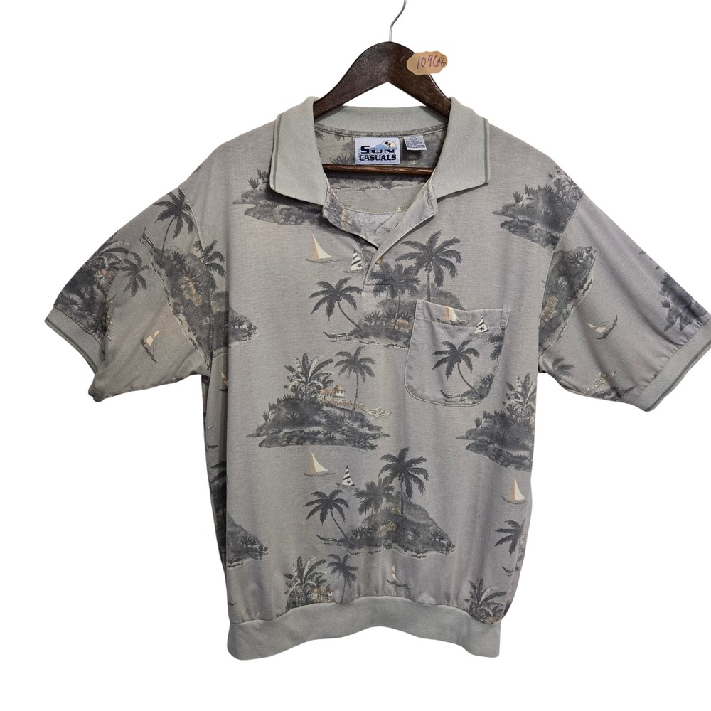 Sun Casuals‎ Mens Large Gray Tropical Island Palm Tree Short Sleeve Polo Shirt